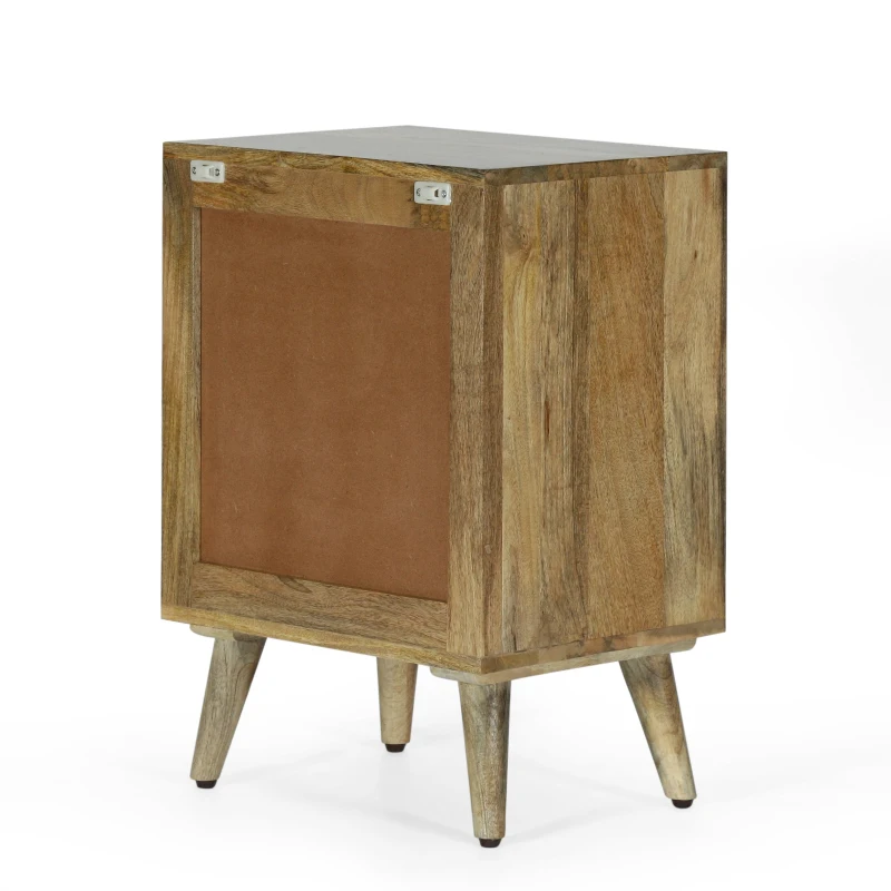 Handcrafted 3-Drawer Bedside Table with Carved Geometric Texture, Boho Mango Wood Nightstand, 18" W x 14" D x 26" H, Natural