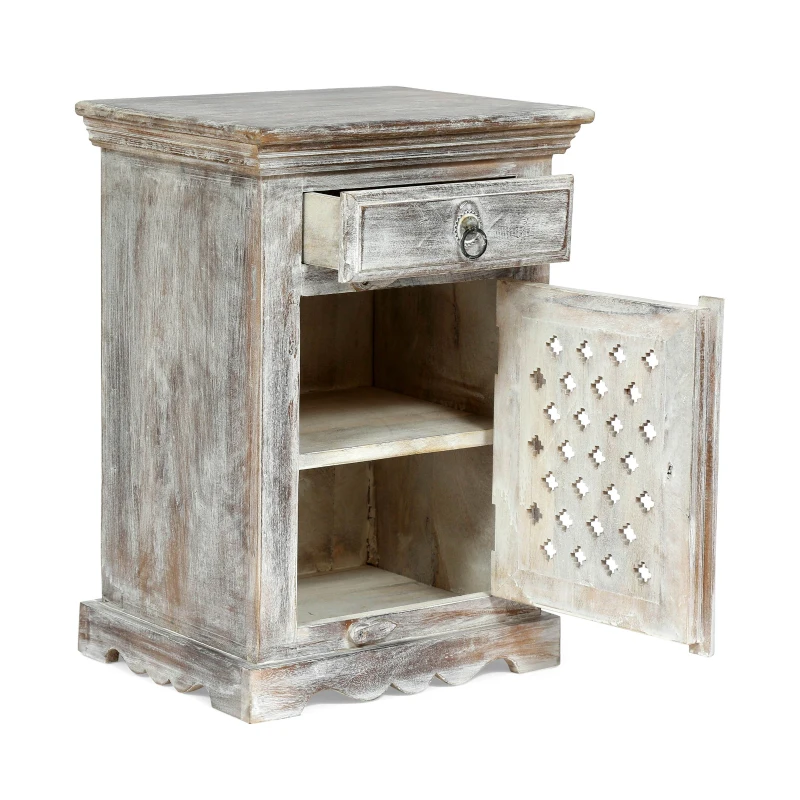 Wooden Nightstand with Drawer and Door, Handcrafted Boho Design, Durable Mango Wood Frame, 17.50"W x 14.00"D x 24.00"H, White