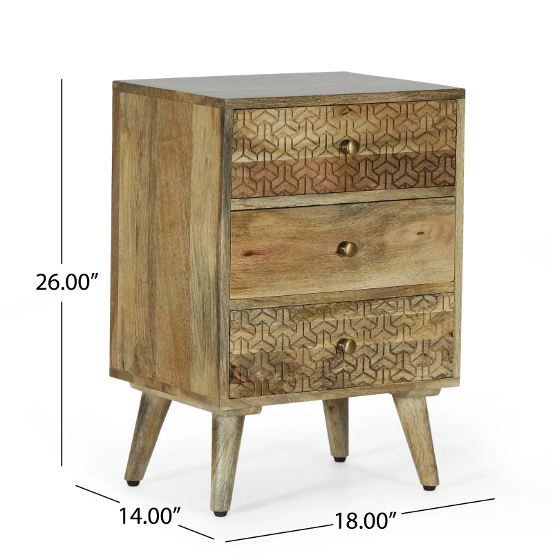 Handcrafted 3-Drawer Bedside Table with Carved Geometric Texture, Boho Mango Wood Nightstand, 18" W x 14" D x 26" H, Natural
