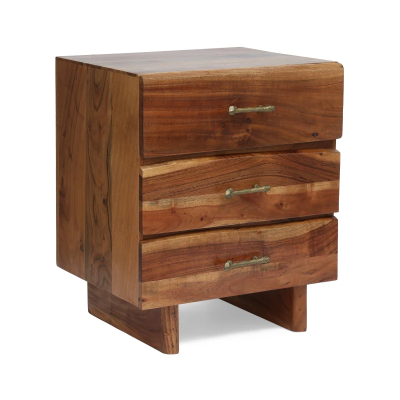 Boho Acacia Wood Nightstand, Handcrafted Design with Carved Accents, Drawer Shelf Storage, 18" W x 16" D x 22" H, Natural