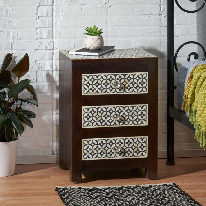 Handcrafted Boho Design with Mango Wood Frame and Buffalo Bone Inlay, Wooden 3-Drawer Nightstand, 17"W x 12"D x 24"H, Black + Dark Walnut