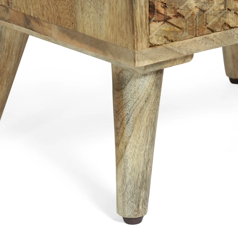 Handcrafted 3-Drawer Bedside Table with Carved Geometric Texture, Boho Mango Wood Nightstand, 18" W x 14" D x 26" H, Natural