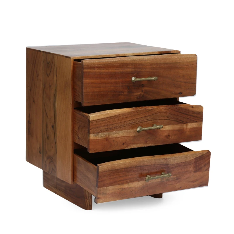 Boho Acacia Wood Nightstand, Handcrafted Design with Carved Accents, Drawer Shelf Storage, 18" W x 16" D x 22" H, Natural