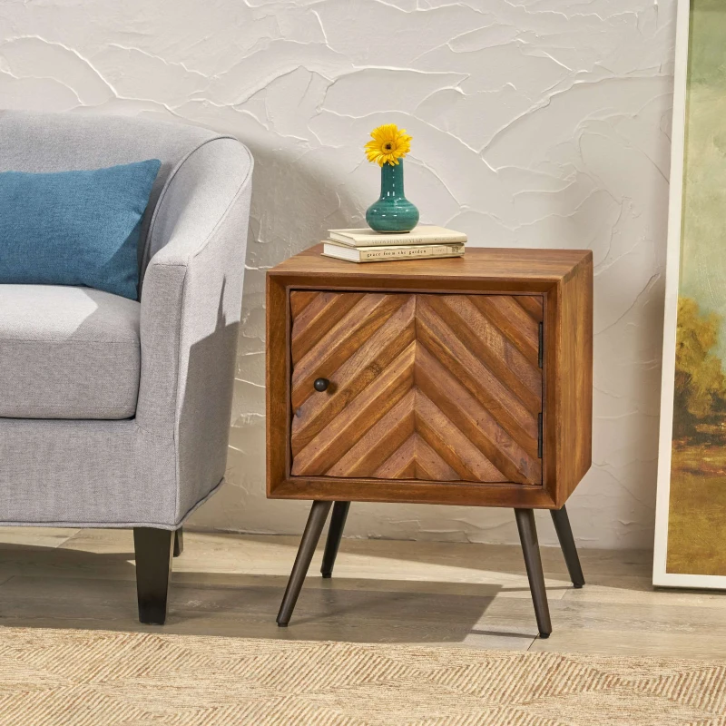 Mid-Century Modern Mango Wood Cabinet with Chevron Design, Wooden & Iron Nightstand, Handmade with Storage Space, 17.5" W x 15.0" D x 21.5" H, Dark Brown