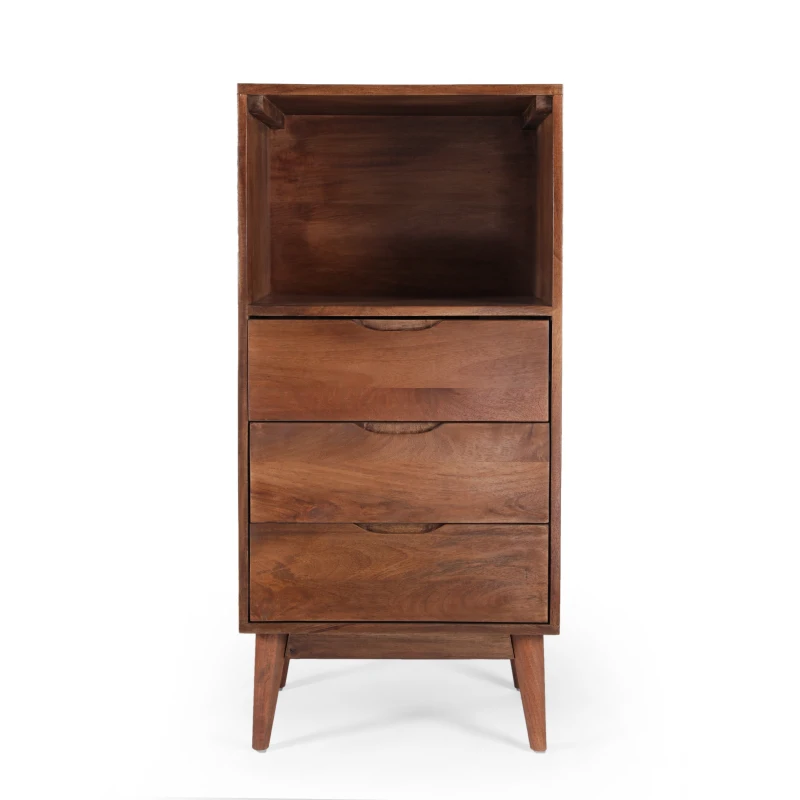 Modern 3-Drawer Handcrafted Mango Wood Chest with Splayed Legs and Display Cubby, Side Table for Bedroom, 20" W x 16" D x 41" H, Light Oak