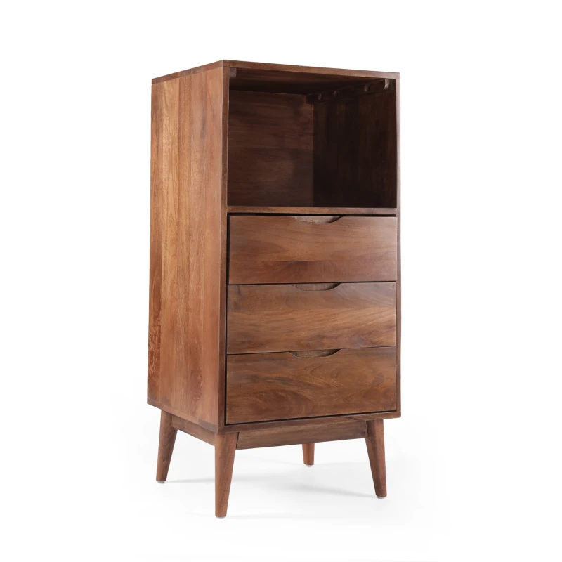 Modern 3-Drawer Handcrafted Mango Wood Chest with Splayed Legs and Display Cubby, Side Table for Bedroom, 20" W x 16" D x 41" H, Light Oak