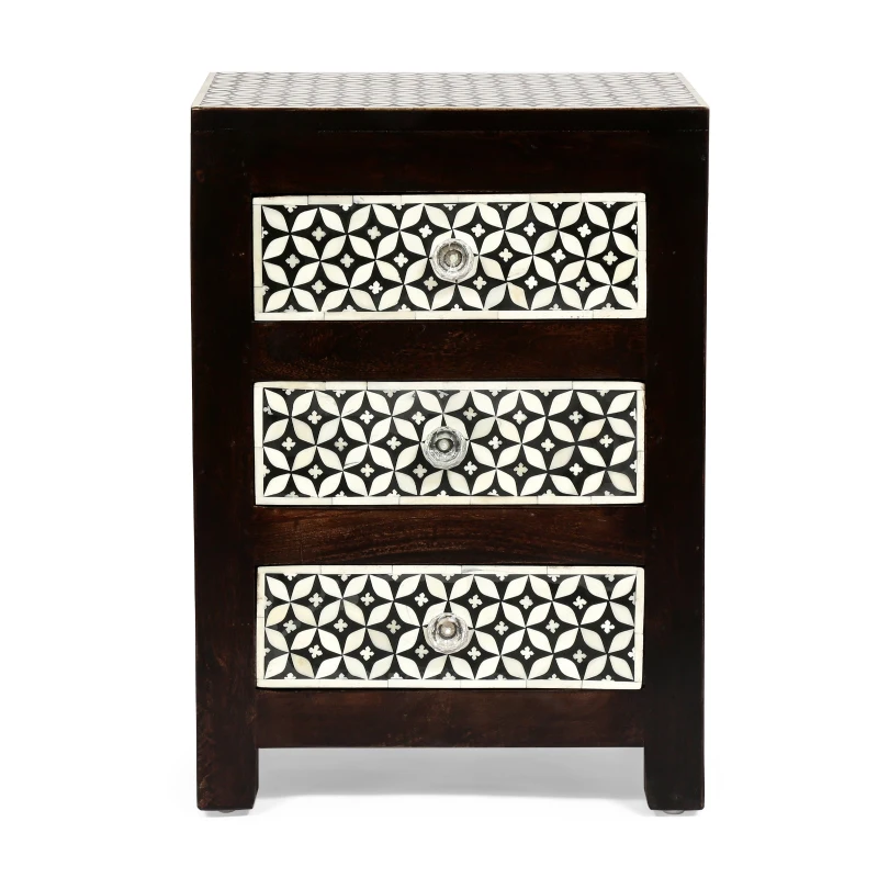 Handcrafted Boho Design with Mango Wood Frame and Buffalo Bone Inlay, Wooden 3-Drawer Nightstand, 17"W x 12"D x 24"H, Black + Dark Walnut
