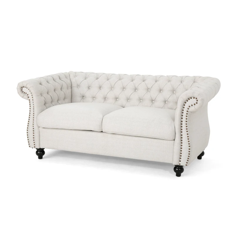 Chesterfield Loveseat Sofa, Deep Button Tufting, Rolled Arms, Nailhead Accents, 62" W x 34" D x 28" H, Beige