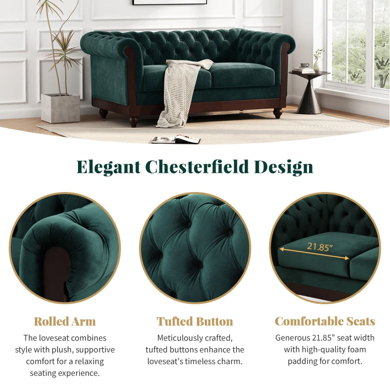 Chesterfield Velvet Loveseat Sofa, 2-Person Rolled Arm Upholstered Couch, with Tufted Buttons, Pine Wood Frame, 59.50" Wx34.00" Dx27.00" H, Dark Green