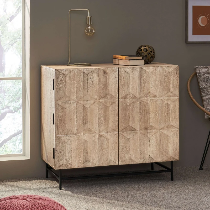 Boho Mango Wood Cabinet with Handcrafted Two-Door Storage, Raised Geometric Design, 38.00" W x 16.50" D x 34.00" H, White