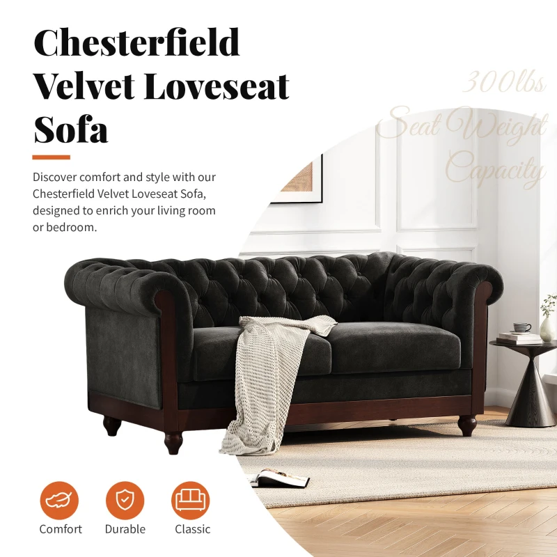 Chesterfield Velvet Loveseat Sofa, 2-Person Rolled Arm Upholstered Couch, with Tufted Buttons, Pine Wood Frame, 59.50" Wx34.00" Dx27.00" H, Black