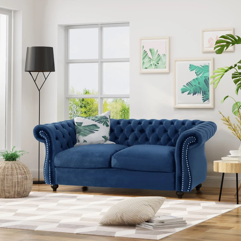 Chesterfield Loveseat Sofa, Deep Button Tufting, Rolled Arms, Nailhead Accents, 62" W x 34" D x 28" H, Navy Blue