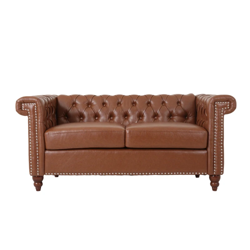 Modern Glam Faux Leather Loveseat Sofa with Nailhead Accents and Channel Stitching, Birch Wood Legs, 61" L x 32" W x 25.5" H, Light Brown