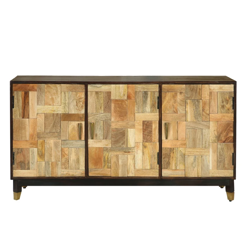 Vinsetto 3-Door Sideboard with Brass-Tipped Legs, Handmade Mango Wood, Boho Design, 55" W x 18" D x 30" H, Walnut