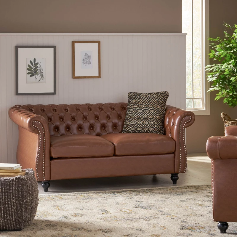 Mid-Century Loveseat Sofa with Deep Button Tufting and Rolled Arms, Nailhead Accents, 62" W x 34" D x 28" H, Light Brown