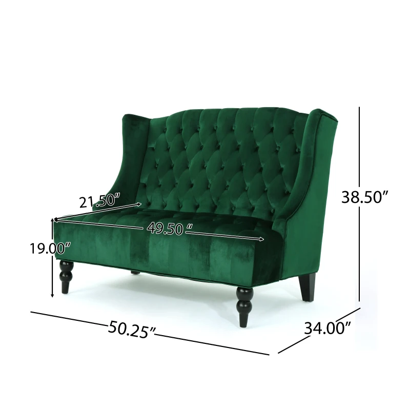 Modern Glam Loveseat Sofa with Velvet Upholstery, Wingback Design, Button-Tufted Diamond Stitch, 50.50" W x 34.00" D x 38.50" H, Emerald