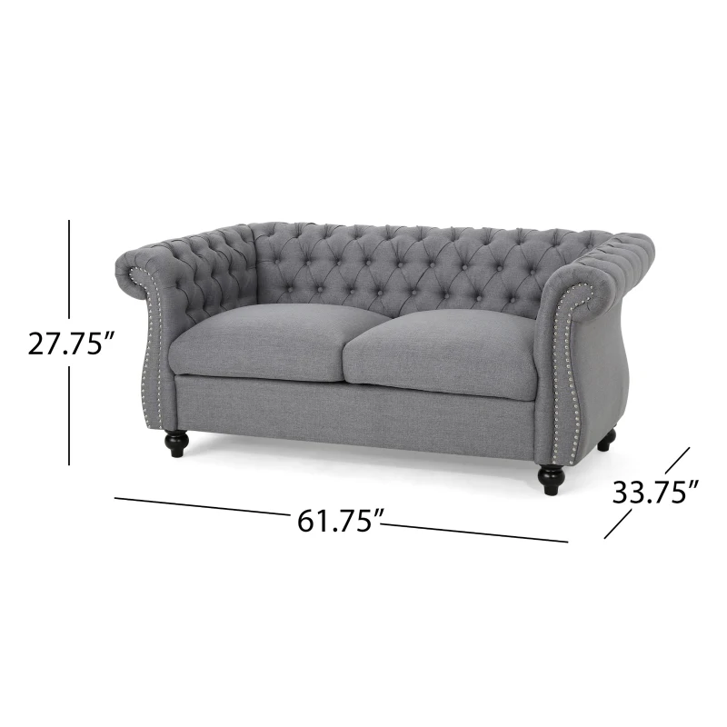 Chesterfield Loveseat Sofa, Deep Button Tufting, Rolled Arms, Nailhead Accents, 62" W x 34" D x 28" H, Dark Gray