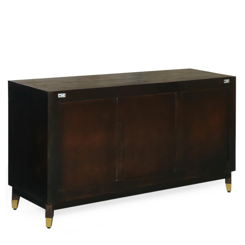 Vinsetto 3-Door Sideboard with Brass-Tipped Legs, Handmade Mango Wood, Boho Design, 55" W x 18" D x 30" H, Walnut