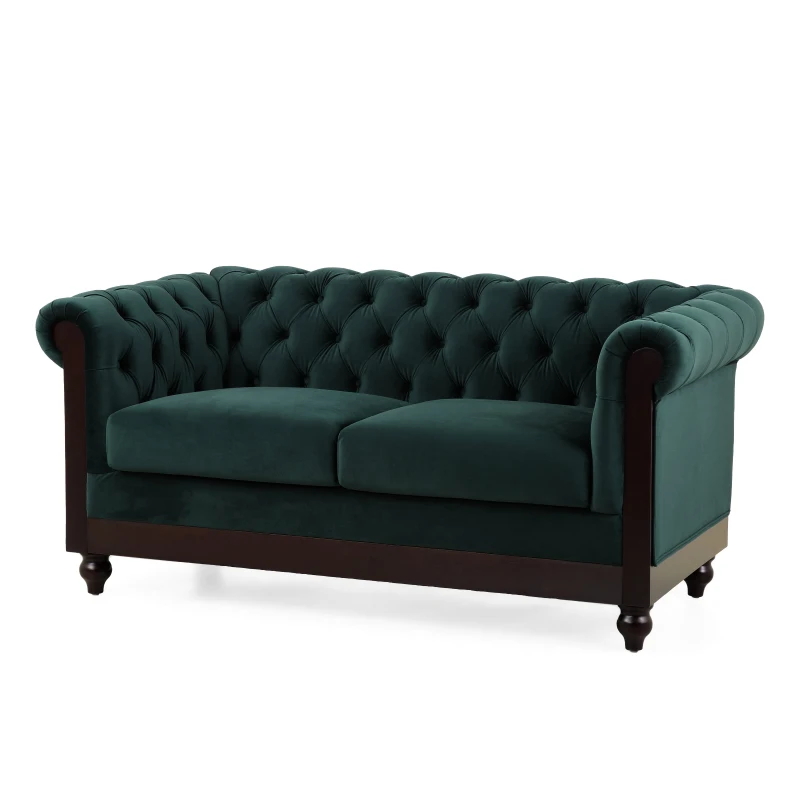 Chesterfield Velvet Loveseat Sofa, 2-Person Rolled Arm Upholstered Couch, with Tufted Buttons, Pine Wood Frame, 59.50" Wx34.00" Dx27.00" H, Dark Green