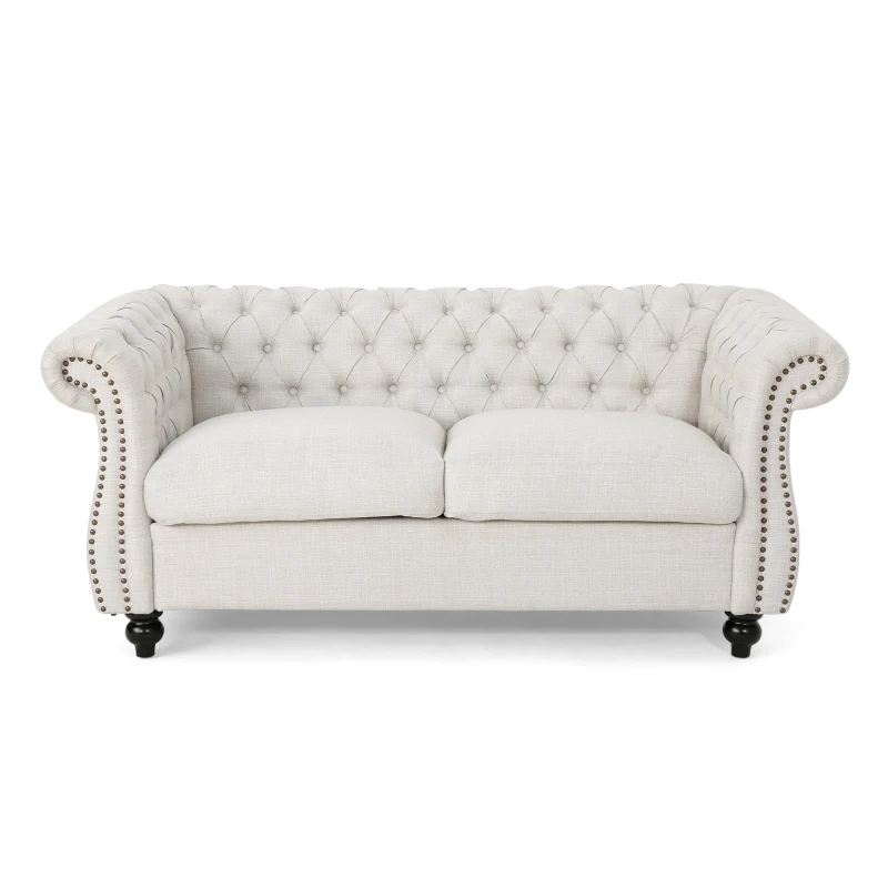 Chesterfield Loveseat Sofa, Deep Button Tufting, Rolled Arms, Nailhead Accents, 62" W x 34" D x 28" H, Beige