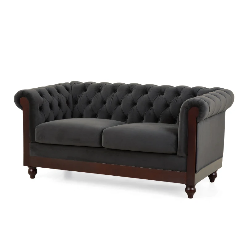 Chesterfield Velvet Loveseat Sofa, 2-Person Rolled Arm Upholstered Couch, with Tufted Buttons, Pine Wood Frame, 59.50" Wx34.00" Dx27.00" H, Dark Gray