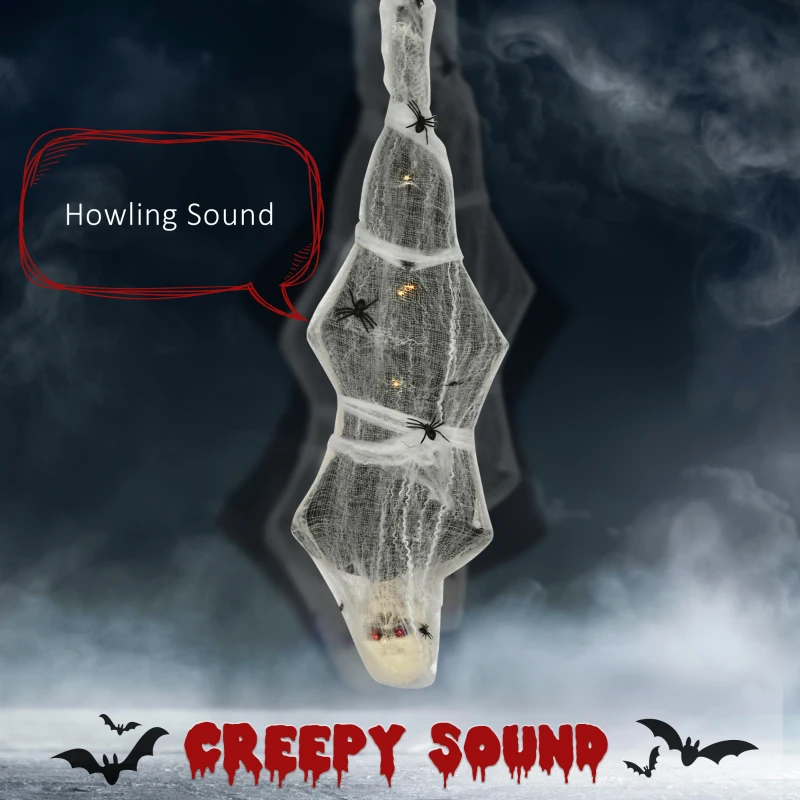 HOMCOM 55.9 Inch/4.7ft Life Size Outdoor Halloween Decoration Hanging Mummy with Spider Web, Animated Prop Decor with Sound and Motion Activated, Light Up Eyes, Creepy Sound