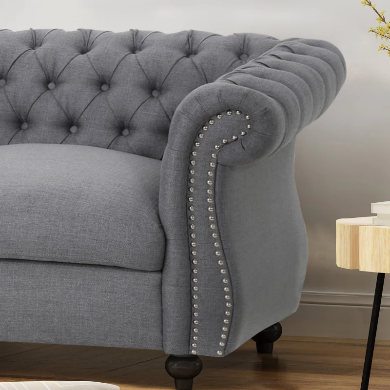Chesterfield Loveseat Sofa, Deep Button Tufting, Rolled Arms, Nailhead Accents, 62" W x 34" D x 28" H, Dark Gray