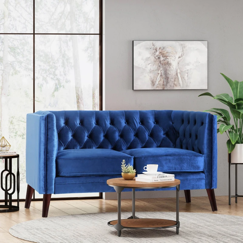Modern Glam Loveseat sofa with Velvet Upholstery, Wingback Design, Button-Tufted Diamond Stitch, 53.50" W x 31.00" D x 30.00" H, Navy Blue