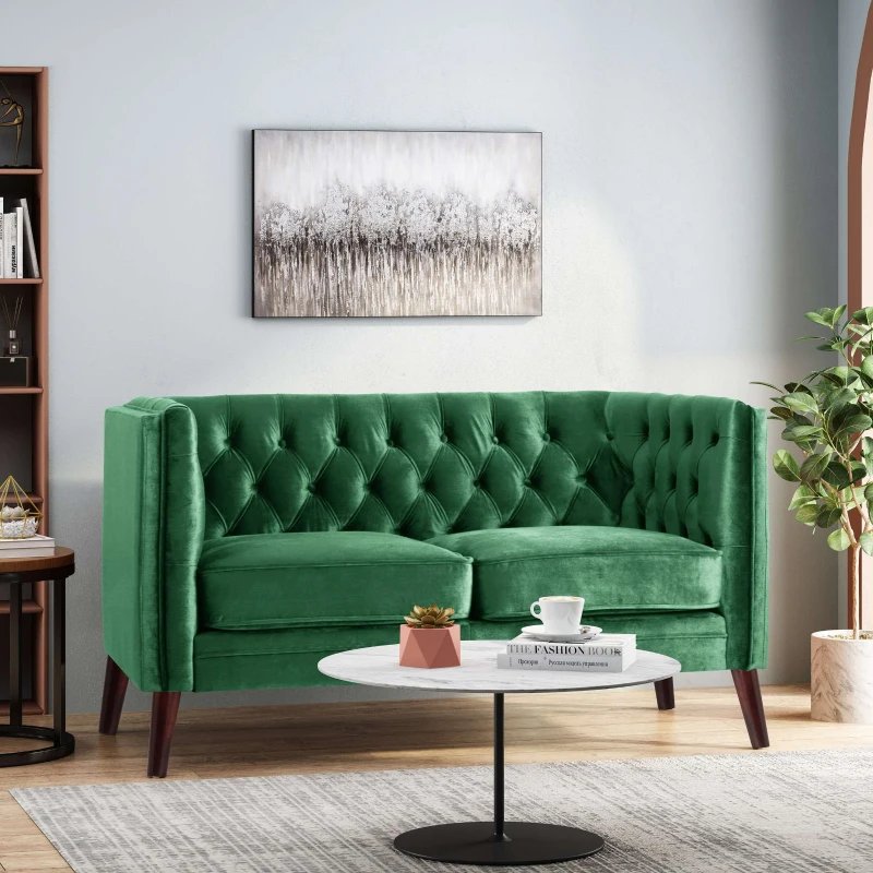 Modern Glam Loveseat sofa with Velvet Upholstery, Wingback Design, Button-Tufted Diamond Stitch, 53.50" W x 31.00" D x 30.00" H, Emerald