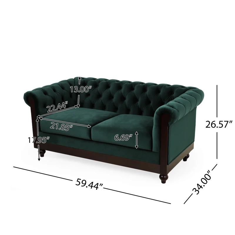 Chesterfield Velvet Loveseat Sofa, 2-Person Rolled Arm Upholstered Couch, with Tufted Buttons, Pine Wood Frame, 59.50" Wx34.00" Dx27.00" H, Dark Green