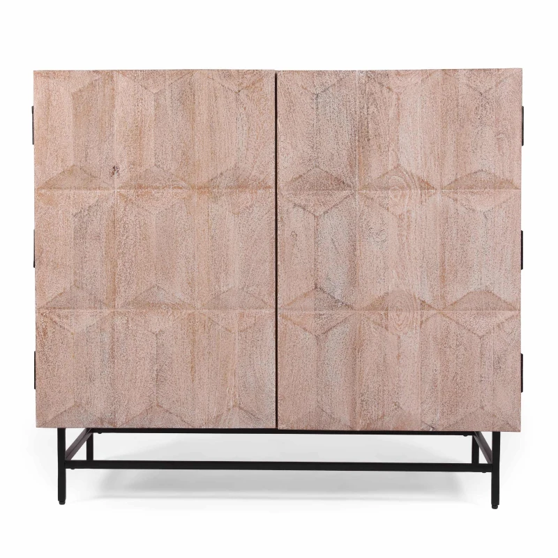 Boho Mango Wood Cabinet with Handcrafted Two-Door Storage, Raised Geometric Design, 38.00" W x 16.50" D x 34.00" H, White