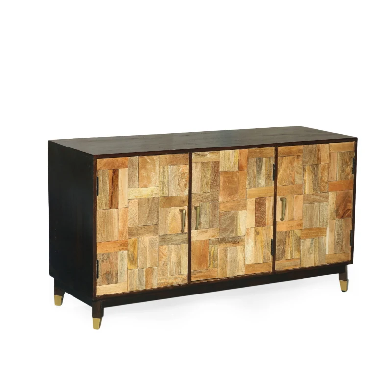 Vinsetto 3-Door Sideboard with Brass-Tipped Legs, Handmade Mango Wood, Boho Design, 55" W x 18" D x 30" H, Walnut
