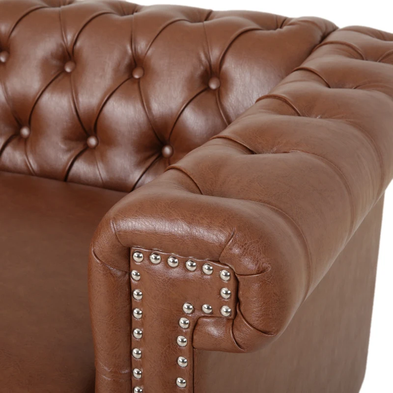 Modern Glam Faux Leather Loveseat Sofa with Nailhead Accents and Channel Stitching, Birch Wood Legs, 61" L x 32" W x 25.5" H, Light Brown