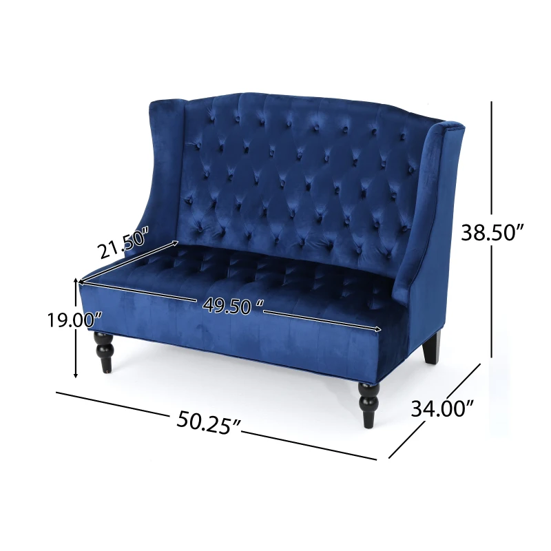 Modern Glam Loveseat Sofa with Velvet Upholstery, Wingback Design, Button-Tufted Diamond Stitch, 50.50" W x 34.00" D x 38.50" H, Navy Blue