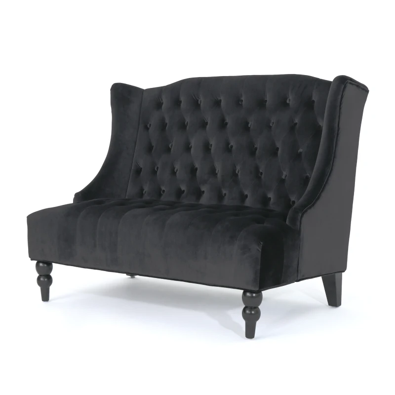 Modern Glam Loveseat Sofa with Velvet Upholstery, Wingback Design, Button-Tufted Diamond Stitch, 50.50" W x 34.00" D x 38.50" H, Black