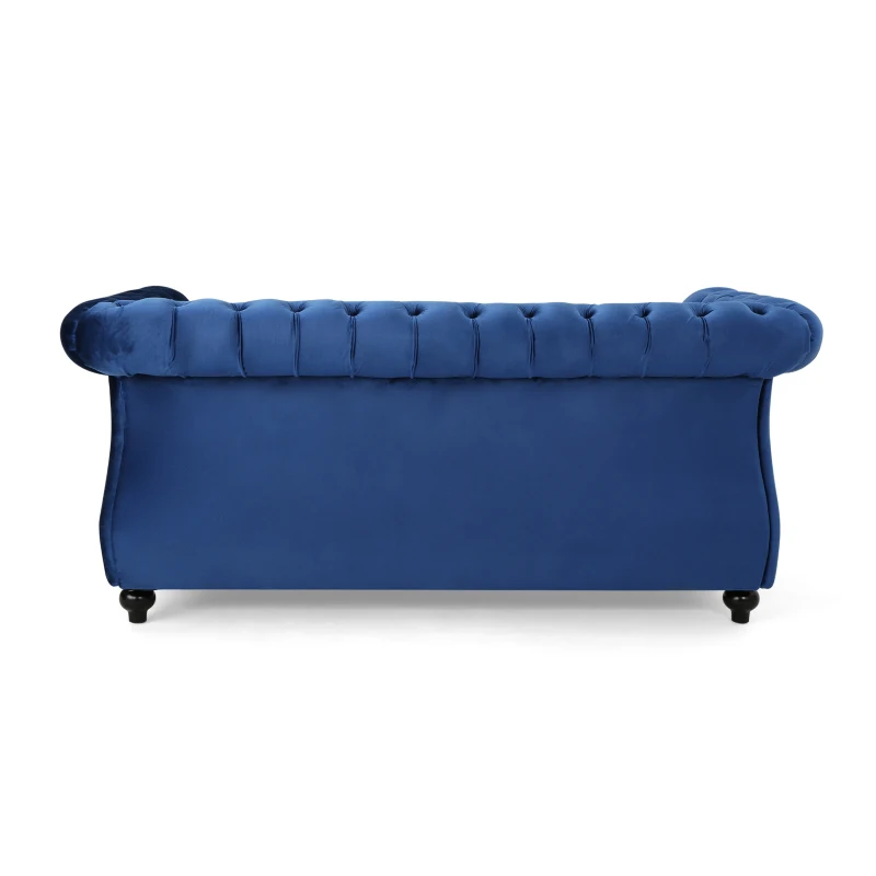 Chesterfield Loveseat Sofa, Deep Button Tufting, Rolled Arms, Nailhead Accents, 62" W x 34" D x 28" H, Navy Blue