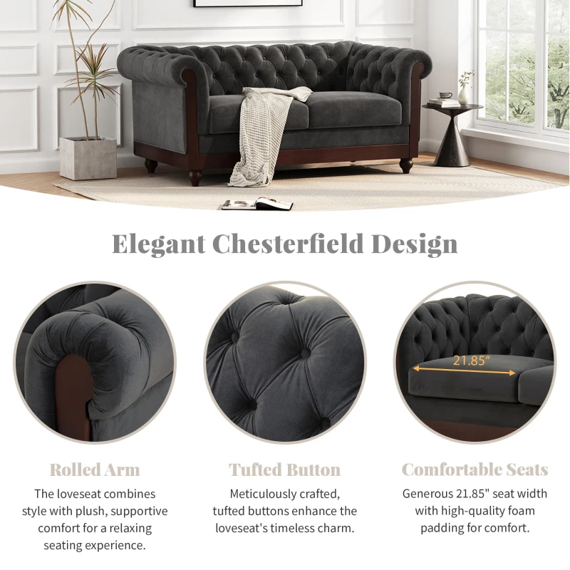Chesterfield Velvet Loveseat Sofa, 2-Person Rolled Arm Upholstered Couch, with Tufted Buttons, Pine Wood Frame, 59.50" Wx34.00" Dx27.00" H, Dark Gray