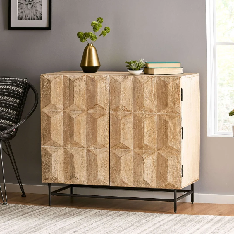 Boho Mango Wood Cabinet with Handcrafted Two-Door Storage, Raised Geometric Design, 38.00" W x 16.50" D x 34.00" H, White