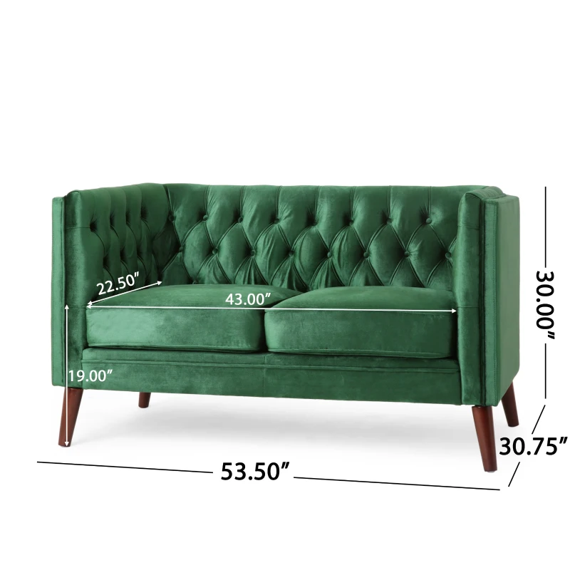 Modern Glam Loveseat sofa with Velvet Upholstery, Wingback Design, Button-Tufted Diamond Stitch, 53.50" W x 31.00" D x 30.00" H, Emerald