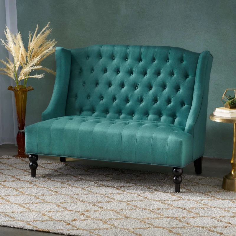 Modern Glam Loveseat Sofa with Velvet Upholstery, Wingback Design, Button-Tufted Diamond Stitch, 50.50" W x 34.00" D x 38.50" H, Teal