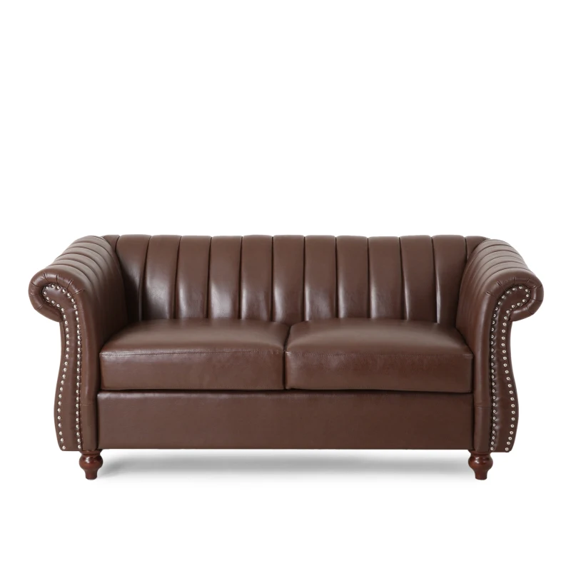 Modern PU Leather Glam loveseat sofa with Wingback Design and Button-Tufted Diamond Stitch, 62.00" W x 33.00" D x 28.50" H, Dark Brown