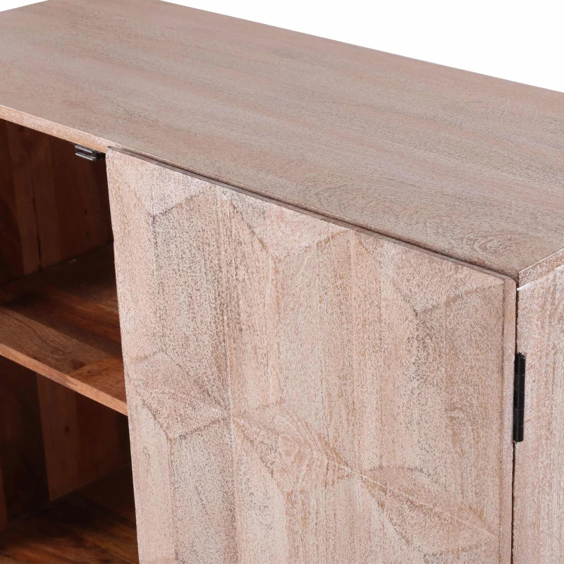 Boho Mango Wood Cabinet with Handcrafted Two-Door Storage, Raised Geometric Design, 38.00" W x 16.50" D x 34.00" H, White