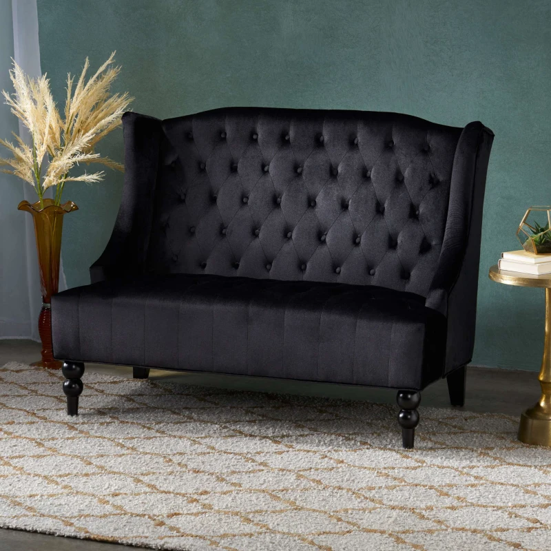 Modern Glam Loveseat Sofa with Velvet Upholstery, Wingback Design, Button-Tufted Diamond Stitch, 50.50" W x 34.00" D x 38.50" H, Black