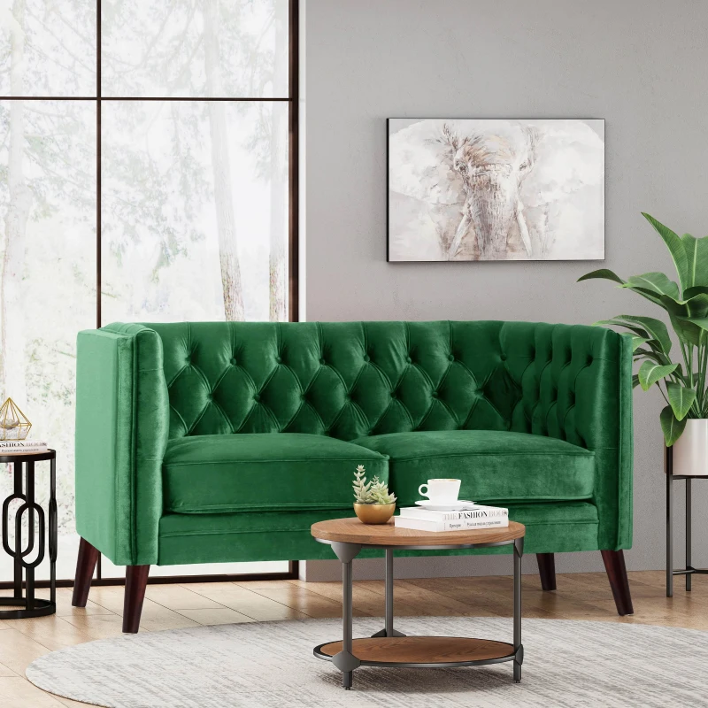 Modern Glam Loveseat sofa with Velvet Upholstery, Wingback Design, Button-Tufted Diamond Stitch, 53.50" W x 31.00" D x 30.00" H, Emerald