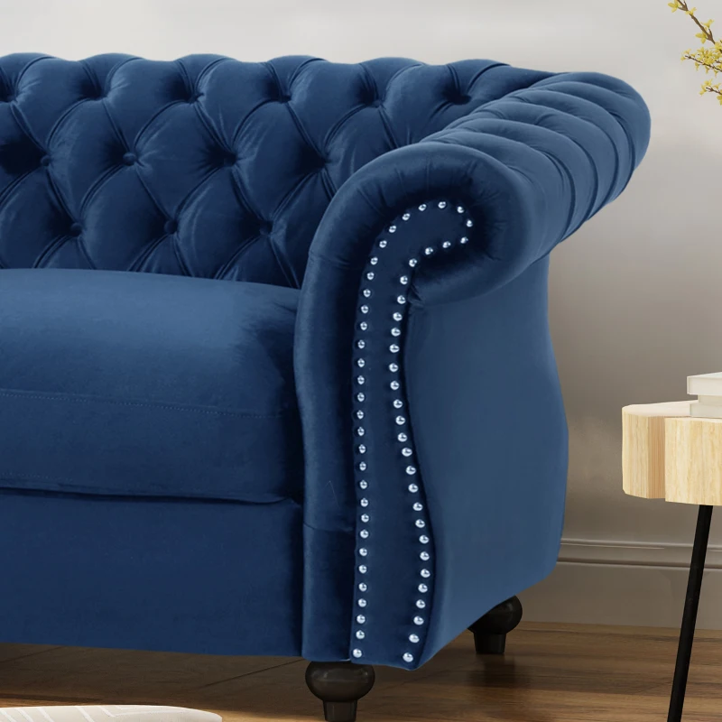 Chesterfield Loveseat Sofa, Deep Button Tufting, Rolled Arms, Nailhead Accents, 62" W x 34" D x 28" H, Navy Blue