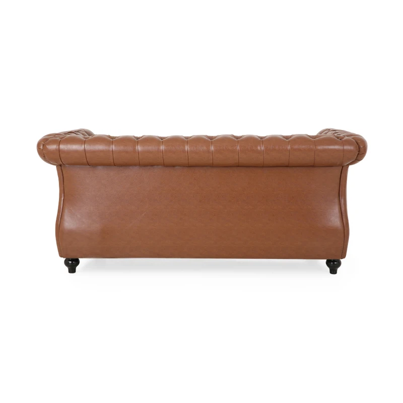 Mid-Century Loveseat Sofa with Deep Button Tufting and Rolled Arms, Nailhead Accents, 62" W x 34" D x 28" H, Light Brown