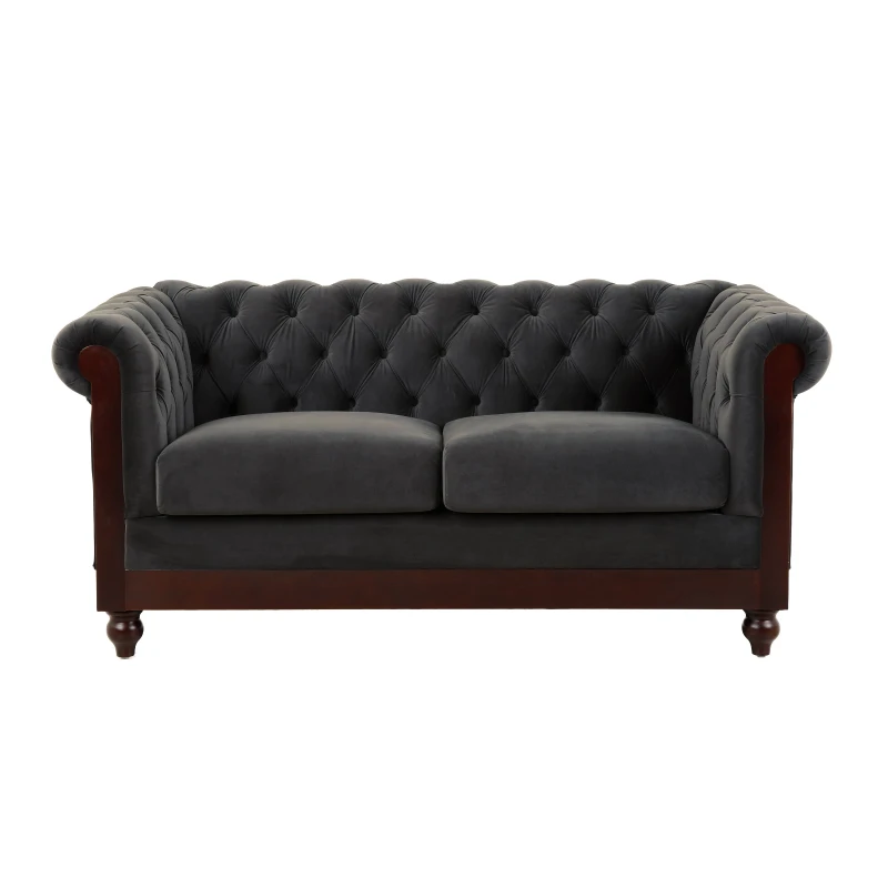Chesterfield Velvet Loveseat Sofa, 2-Person Rolled Arm Upholstered Couch, with Tufted Buttons, Pine Wood Frame, 59.50" Wx34.00" Dx27.00" H, Dark Gray