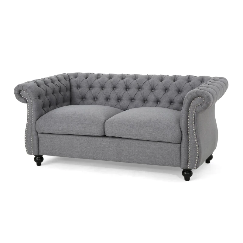 Chesterfield Loveseat Sofa, Deep Button Tufting, Rolled Arms, Nailhead Accents, 62" W x 34" D x 28" H, Dark Gray