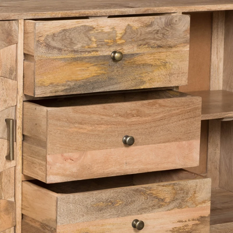 Mid-Century Modern 3-Drawer Sideboard with 2 Doors, Mango Wood, 3D Tile Weave Design, Ample Storage, 56" W x 16" D x 36" H, Natural