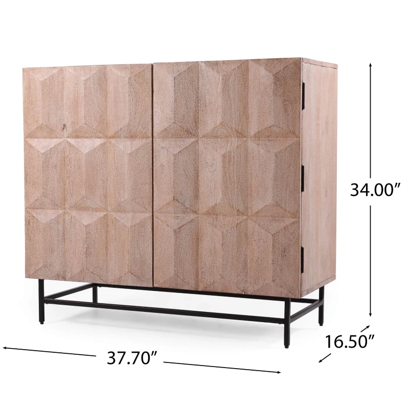 Boho Mango Wood Cabinet with Handcrafted Two-Door Storage, Raised Geometric Design, 38.00" W x 16.50" D x 34.00" H, White